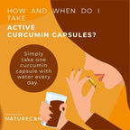 Person holding a curcumin capsule and a glass of water, with text on daily intake advice.
