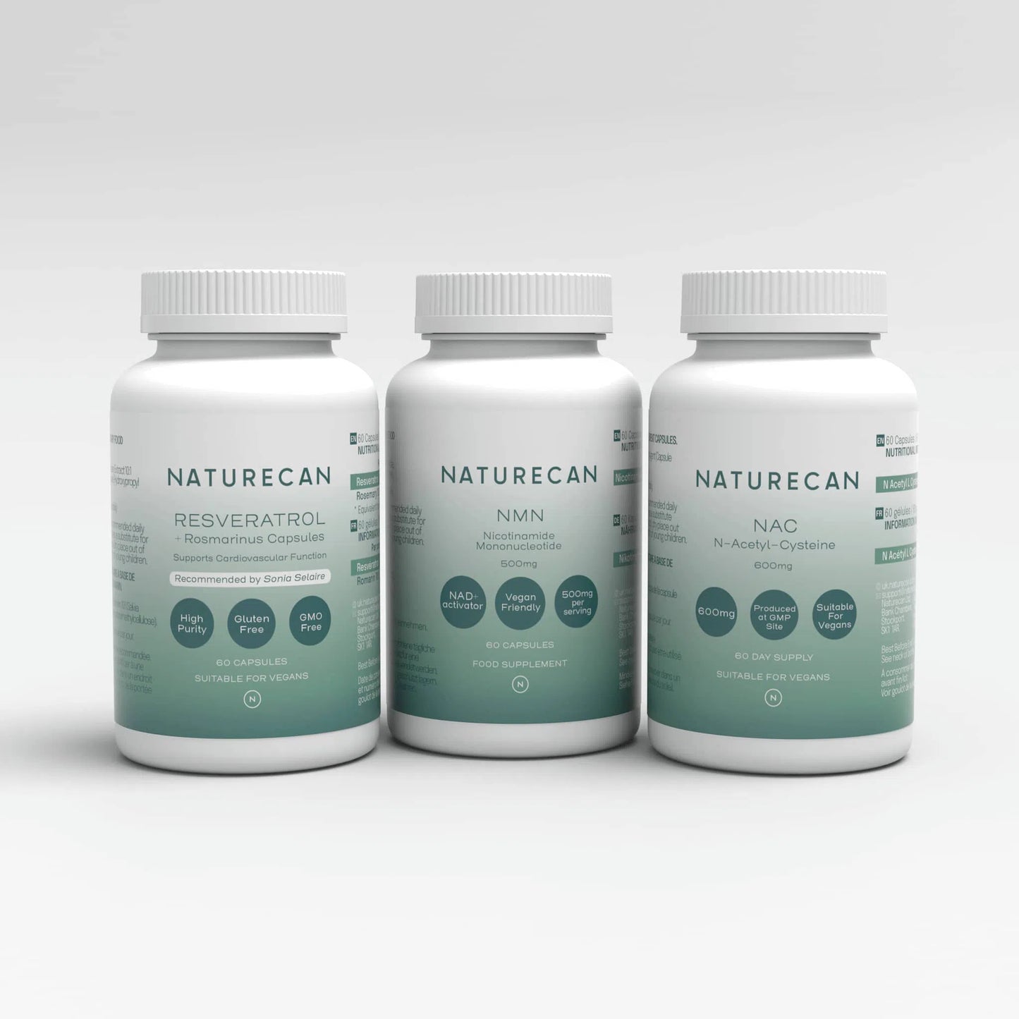 Naturecan anti-ageing bundle with Resveratrol, NMN, and NAC supplement bottles.