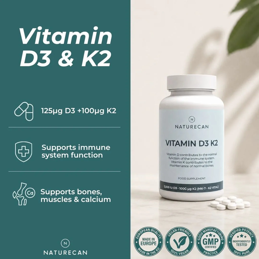 Naturecan Vitamin D3 & K2 supplement bottle shown on a light surface with loose tablets beside it, alongside a dark teal informational panel with icons and text about dosage, immune support, and bone support. Certification badges appear along the bottom.