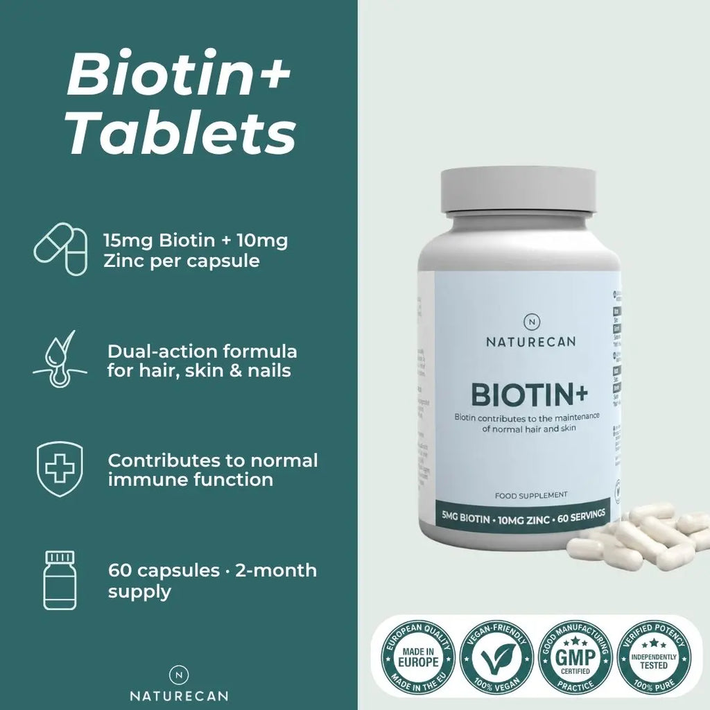 Biotin+ tablets packaging with product details on a green and white background