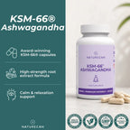 Naturecan KSM-66 Ashwagandha food supplement bottle with capsules on a marble surface, next to a dark teal text panel highlighting product benefits and featuring certification badges at the bottom.