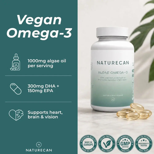 Naturecan Vegan Omega-3 dietary supplement bottle with several gold-colored softgel capsules beside it, set against a split background featuring a dark teal left panel with product benefits and a light off-white right panel with a plant leaf.