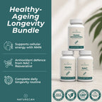 Naturecan Healthy-Ageing Longevity Bundle featuring three white supplement bottles (Trans Resveratrol, NMN, and NAC) on a light background, with a dark teal graphic panel on the left detailing product benefits.