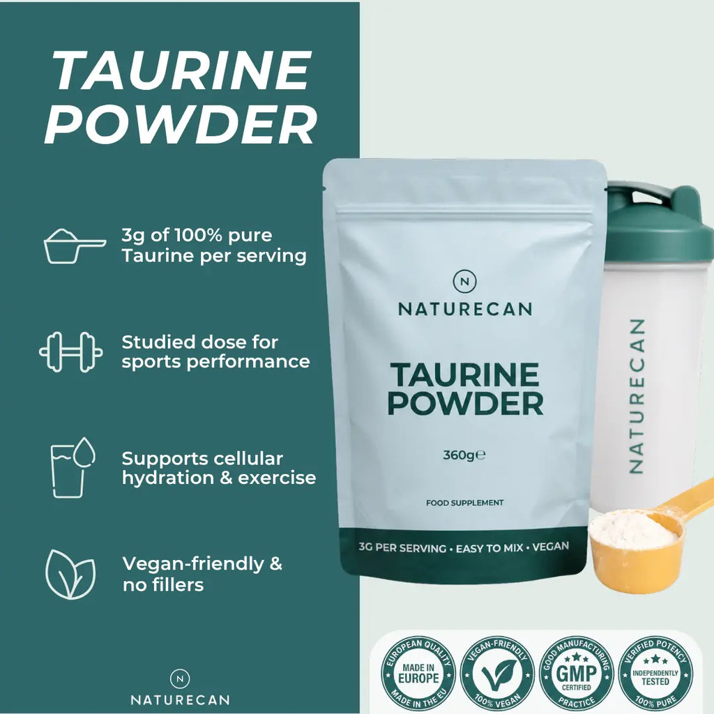 Naturecan Taurine Powder packaging with product details on a green background