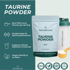 Naturecan Taurine Powder packaging with product details on a green background