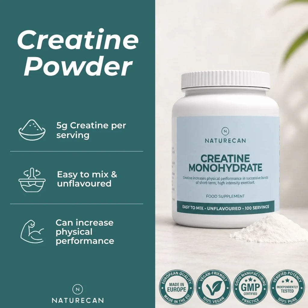 Naturecan Creatine Monohydrate supplement bottle on a light surface with a small pile of white powder, alongside marketing text and certification badges. The left side has a dark teal panel with product benefits, and the right side shows the white bottle with a pale blue label.