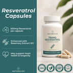 Naturecan Resveratrol Capsules supplement bottle on a light marble surface with loose capsules beside it, set against a soft blurred green leaf background. The left side features a teal informational panel with text about 500mg resveratrol per capsule, rosemary extract, and heart health benefits.