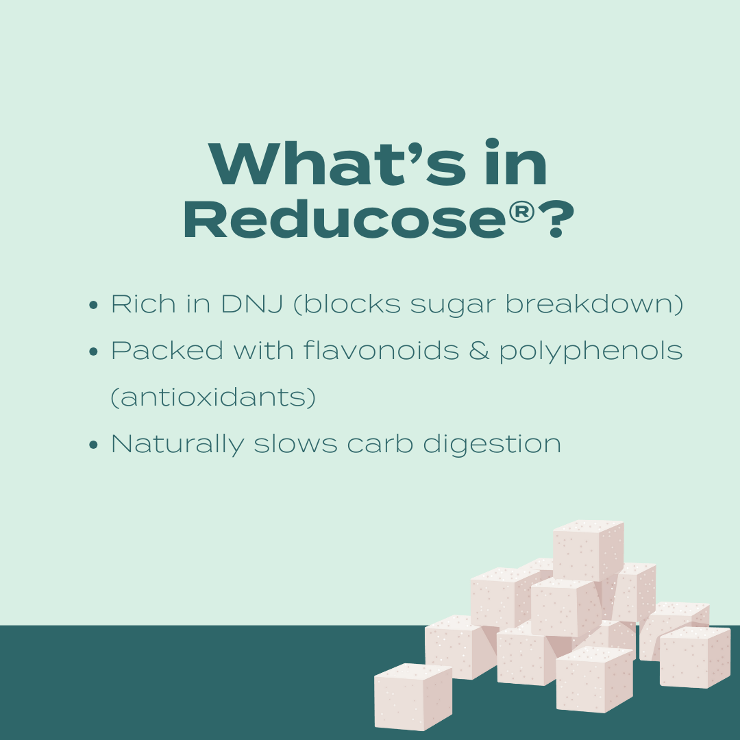 Reducose benefits: rich in DNJ, loaded with antioxidants, and slows carb digestion, depicted with sugar cubes.