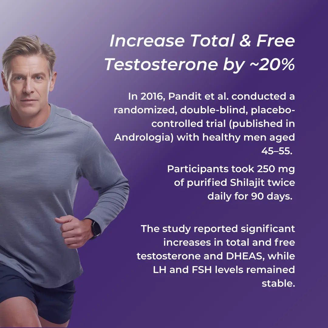 Man in athletic wear with text about testosterone increase and Shilajit study on a purple background