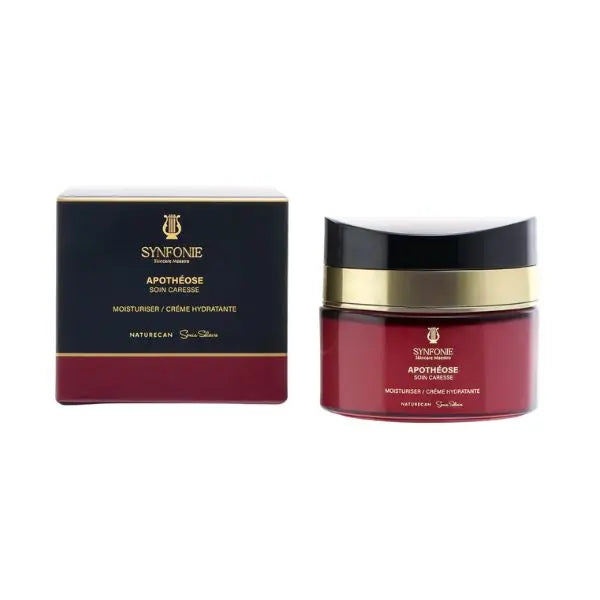 Red cosmetic jar with gold lid and black box labeled 'SYNFOINIE' on a white background