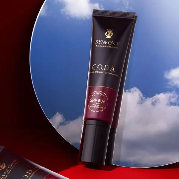 SYNfonie C.O.D.A skincare product with a blue sky background