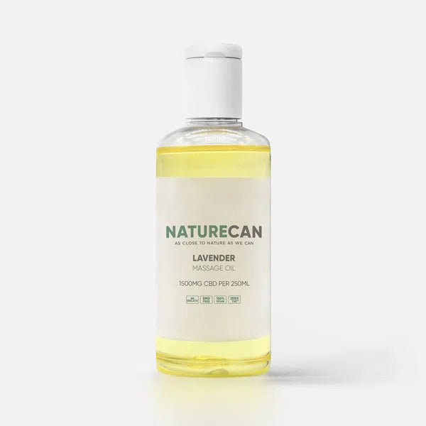 Naturecan Lavender Massage Oil bottle, 1500mg CBD per 250ml, with a white cap.
