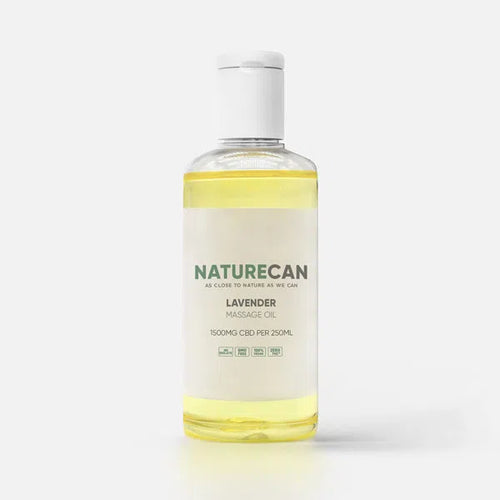 Naturecan Lavender Massage Oil bottle, 1500mg CBD per 250ml, with a white cap.