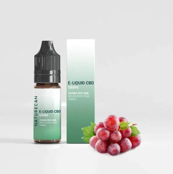 Naturecan E-Liquid CBD Grape packaging with a bottle and fresh grapes.