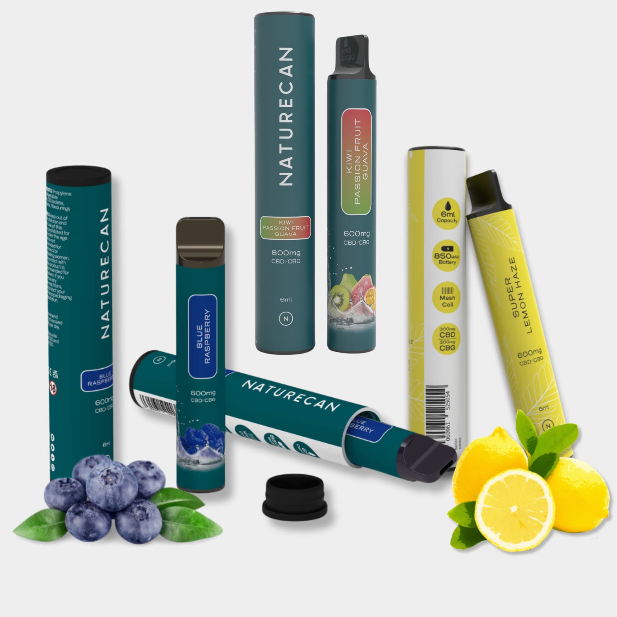 Naturecan vape pens with flavors like Blue Raspberry and Super Lemon Haze, featuring colorful packaging and fruit imagery.