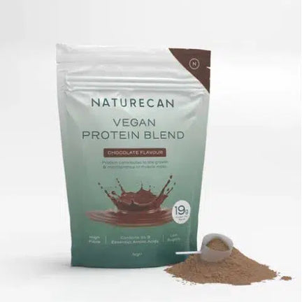 Naturecan Vegan Protein Blend packaging with chocolate flavor splash and a scoop of protein powder.