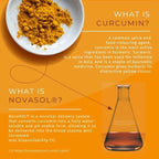 Curcumin powder in a bowl with text explaining curcumin and NovaSOL, a delivery system for improved bioavailability.