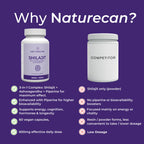 Comparison of Naturecan Shilajit with a competitor on a purple background
